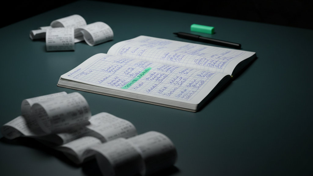 Caderno aberto sobre a mesa da cozinha com uma tabela de gastos desenhada à mão e uma das linhas destacada com marca-texto verde menta, ao lado de cupons fiscais dobrados e empilhados