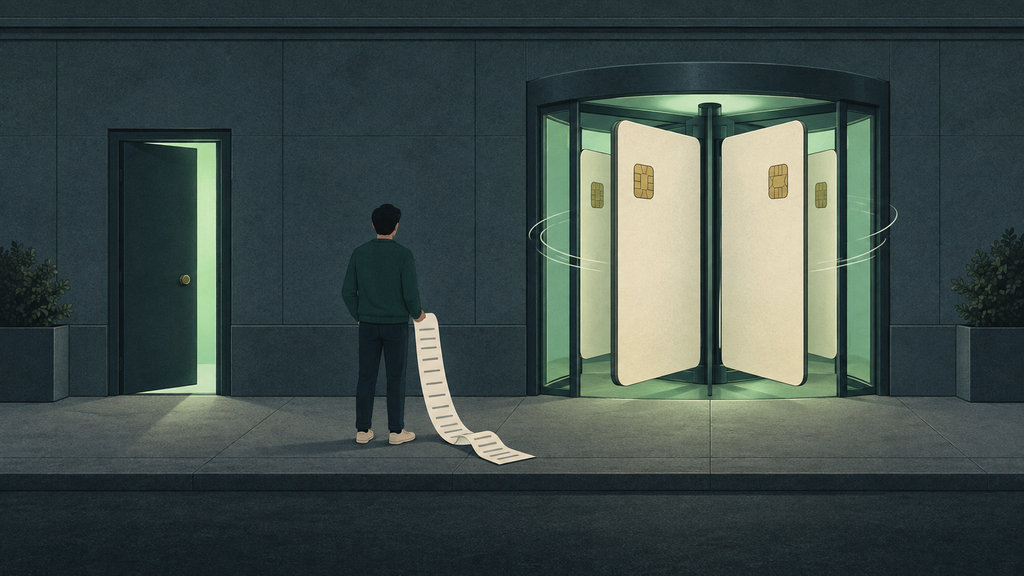 Ilustração de uma fachada à noite com duas entradas: uma porta giratória cujas folhas são cartões de crédito e, ao lado, uma porta comum entreaberta com luz verde. Na calçada, entre as duas, uma pessoa de costas segura uma fatura comprida que arrasta no chão