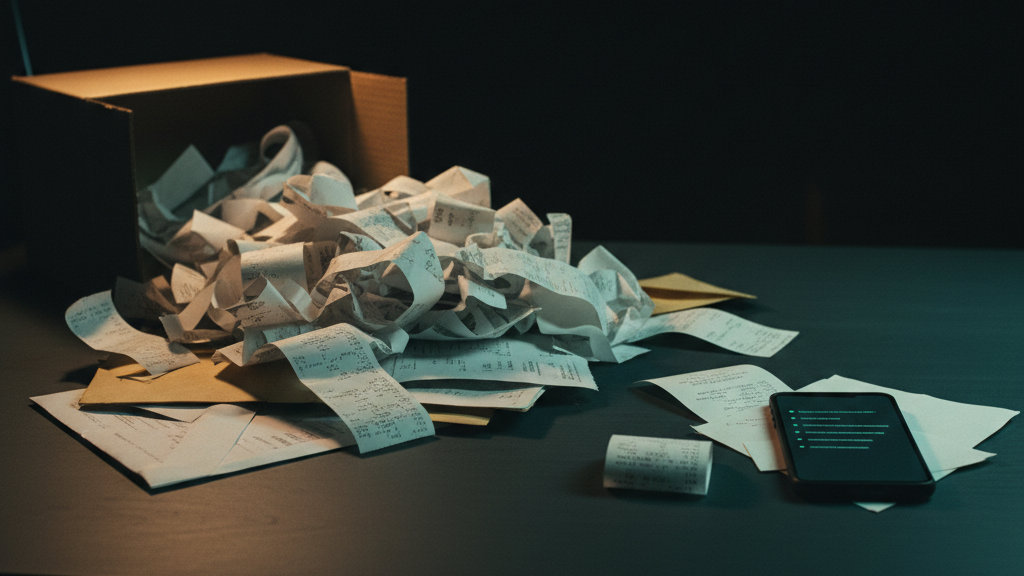 Caixa de papelão tombada sobre uma mesa escura despejando uma pilha de cupons fiscais amassados, envelopes e folhas de extrato, com um celular ao lado exibindo uma lista de linhas em verde menta