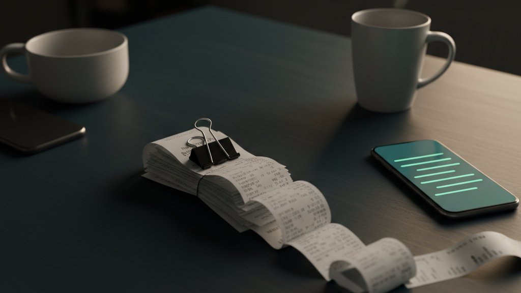 Mesa escura de cozinha à noite com cupons fiscais de tamanhos diferentes reunidos sob um mesmo clipe, duas canecas e dois celulares, um deles com uma lista em verde menta na tela