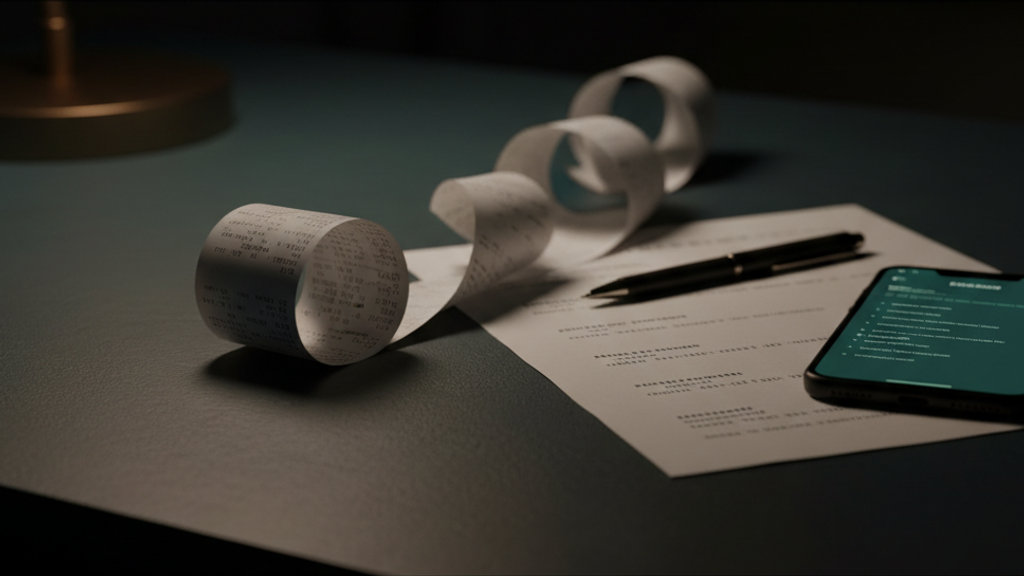 Cupom fiscal comprido se desenrolando sobre uma mesa escura, ao lado de uma folha de extrato bancário com poucas linhas, uma caneta e um celular com lista em verde menta, sob a luz de um abajur