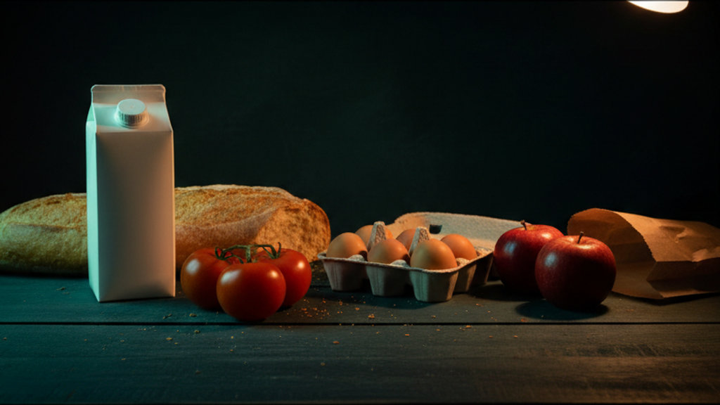 Fileira de alimentos do dia a dia sobre uma mesa de madeira escura: leite, pão, ovos, tomates e maçãs iluminados por um abajur quente, com um brilho verde menta na aresta da caixa de leite e as pontas da fileira sumindo no escuro