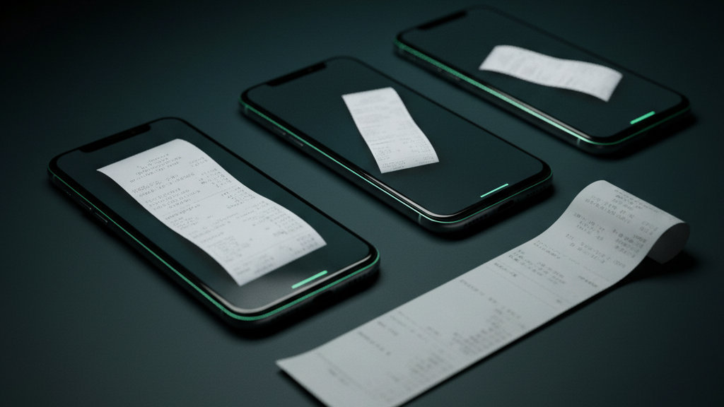 Três celulares iguais lado a lado numa mesa escura, cada tela exibindo a foto do mesmo cupom fiscal num enquadramento diferente, e o cupom de papel esticado na frente deles